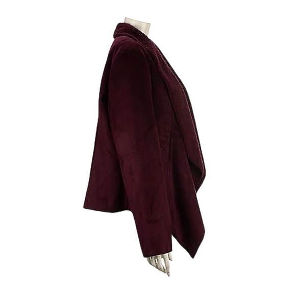 Denim & Co. Woman’s 3X Faux Suede Cascade Front Jacket Deep Wine with Sherpa Lin - Picture 3 of 3